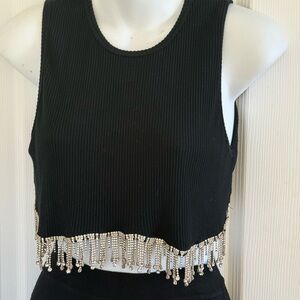 Black Ribbed Crop Top with Rhinestone Fringe